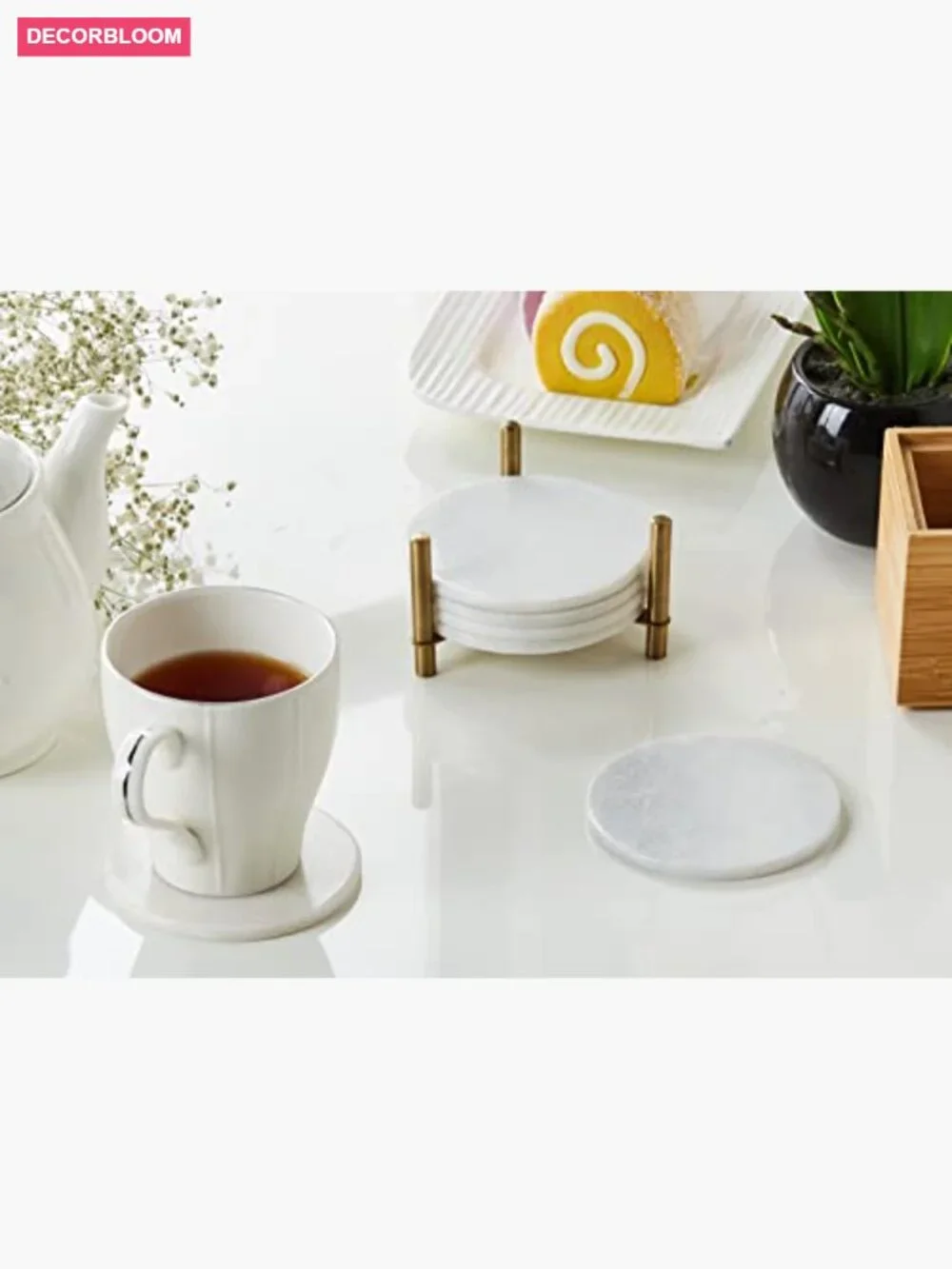 Natural Marble Coasters Set of 6 with Metal Holder, 3.5-Inch, 5 mm Thick,